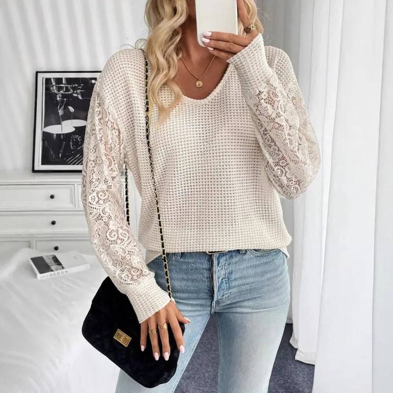 2025 spring new elegant women's solid color V-neck lace splicing long-sleeved T-shirt top women made by Negative