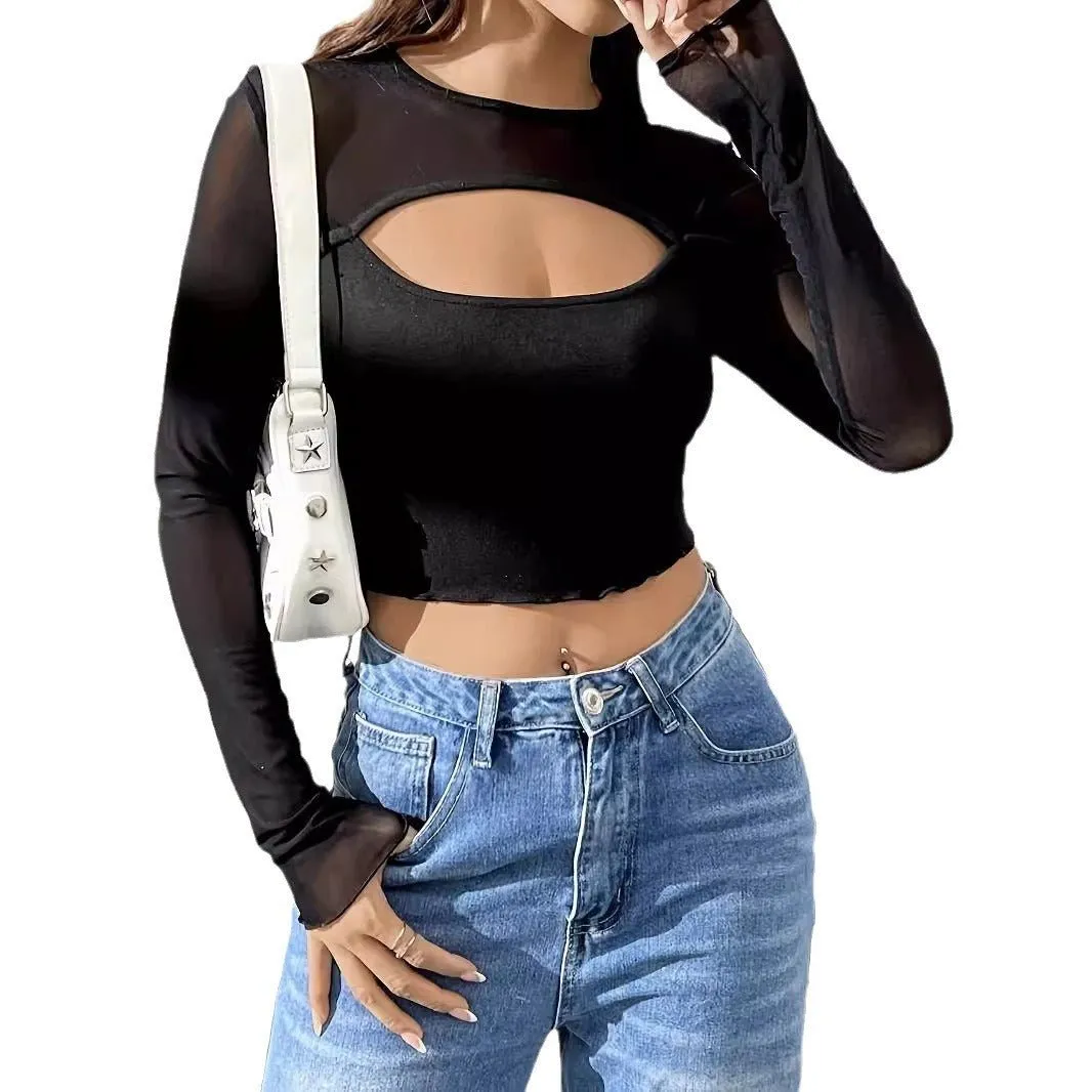 2025 new sexy chest hollow mesh splicing long-sleeved short T-shirt thin top women sold by Negative product image thumbnail 5