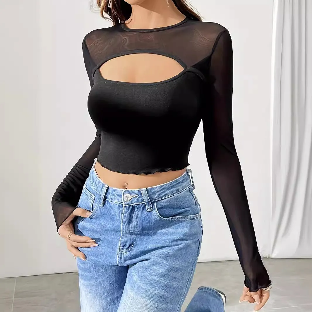 2025 new sexy chest hollow mesh splicing long-sleeved short T-shirt thin top women sold by Negative product image thumbnail 4