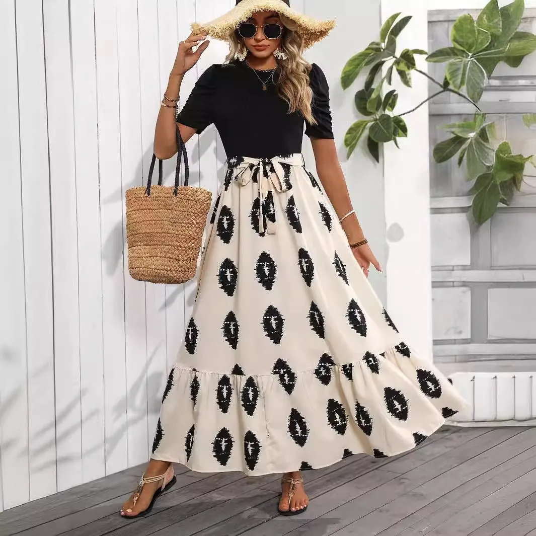2025 new elegant women's geometric printing round neck bubble sleeve hem ruffle edge dress sold by Negative product image thumbnail 3