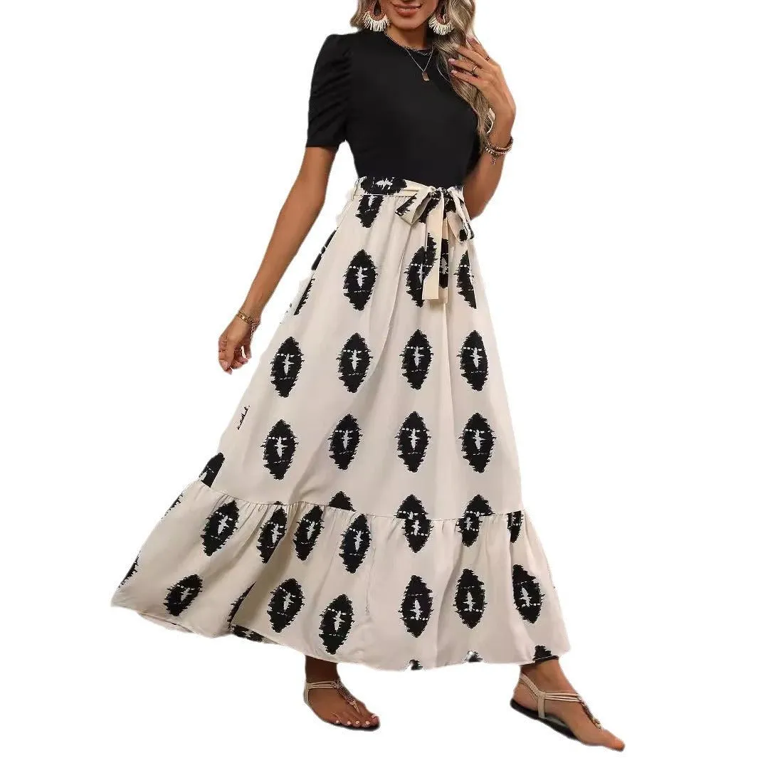 2025 new elegant women's geometric printing round neck bubble sleeve hem ruffle edge dress sold by Negative product image thumbnail 5