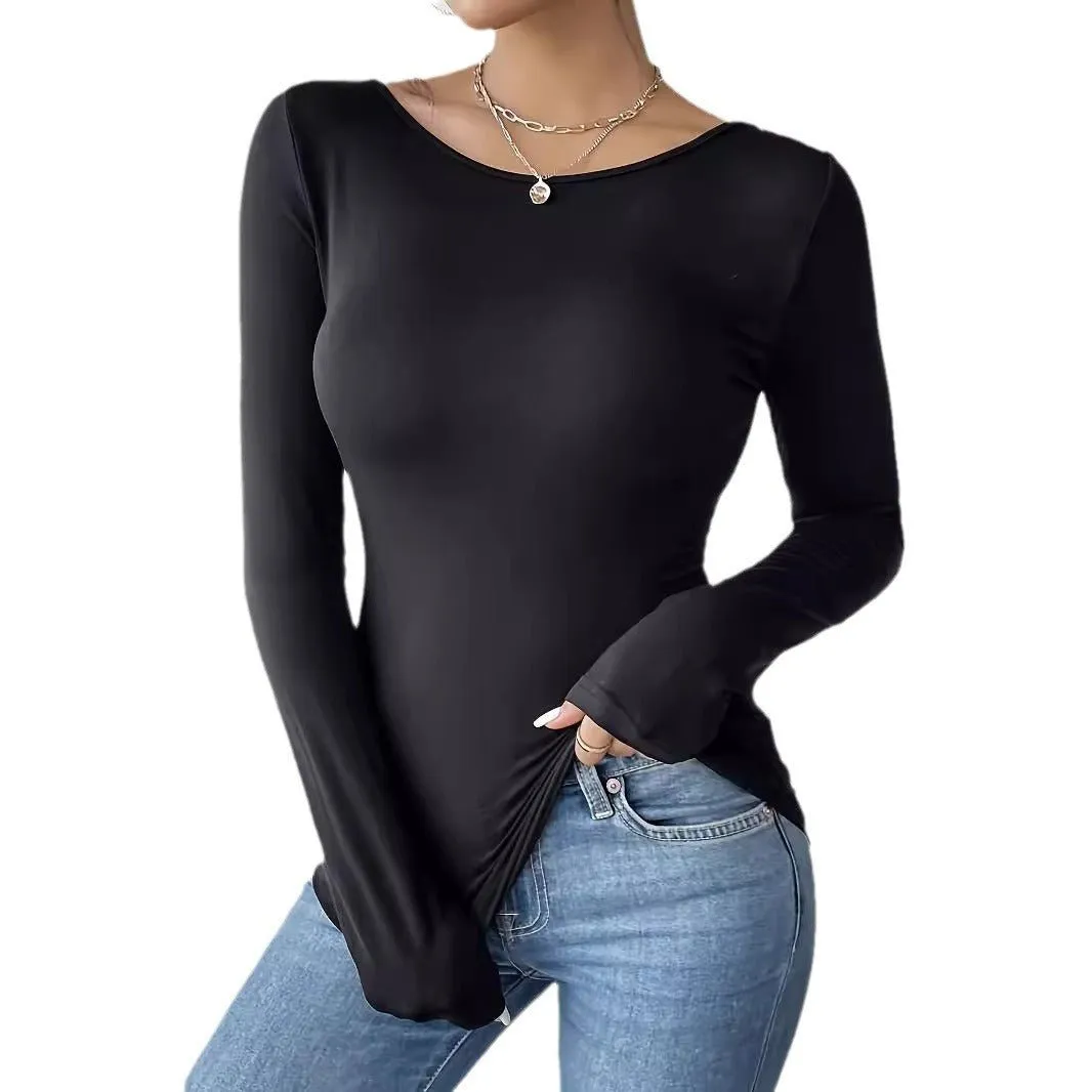 2025 new elegant back hollow sticker Hu Die lace long-sleeved solid color T-shirt slim top sold by Negative product image thumbnail 5