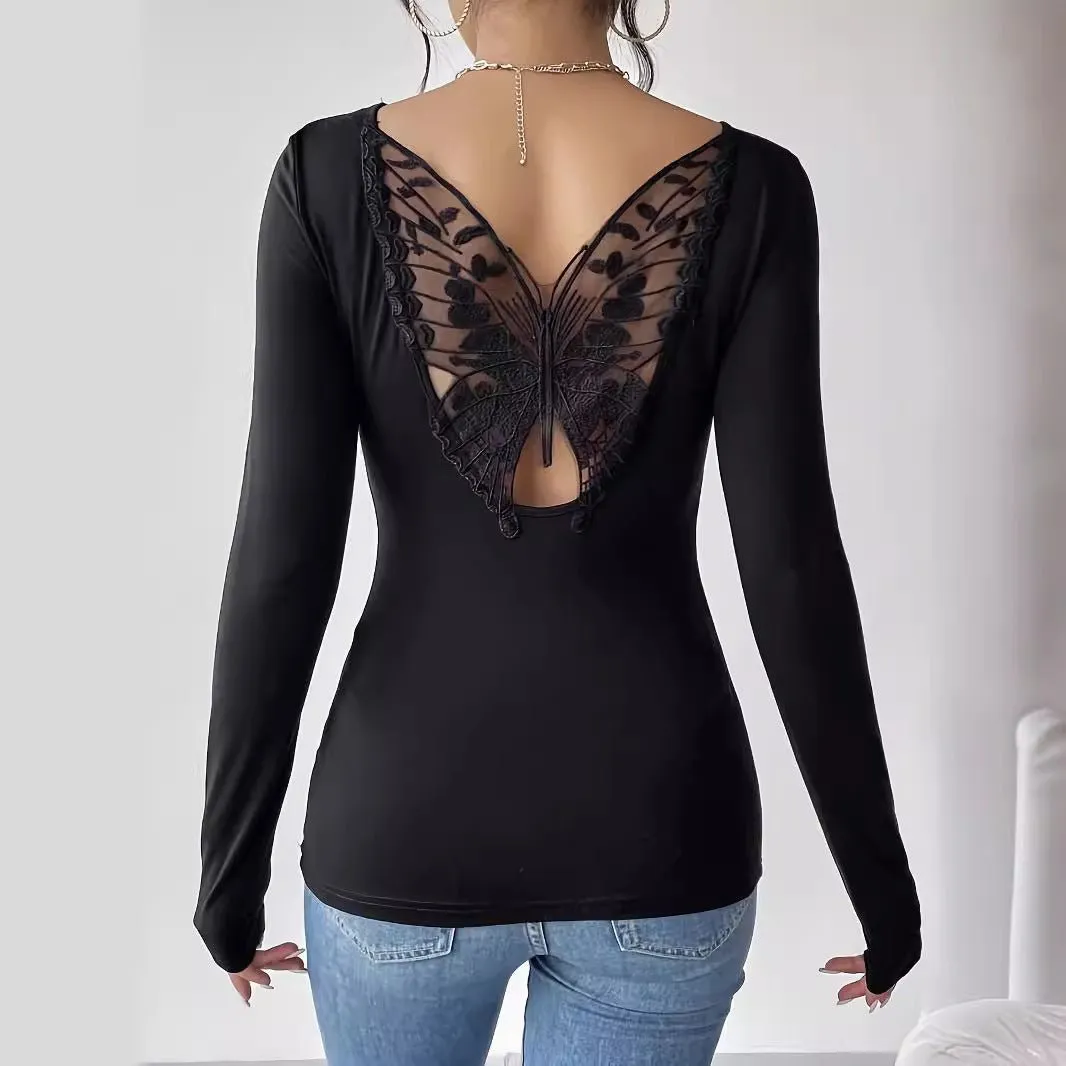 2025 new elegant back hollow sticker Hu Die lace long-sleeved solid color T-shirt slim top sold by Negative product image thumbnail 4
