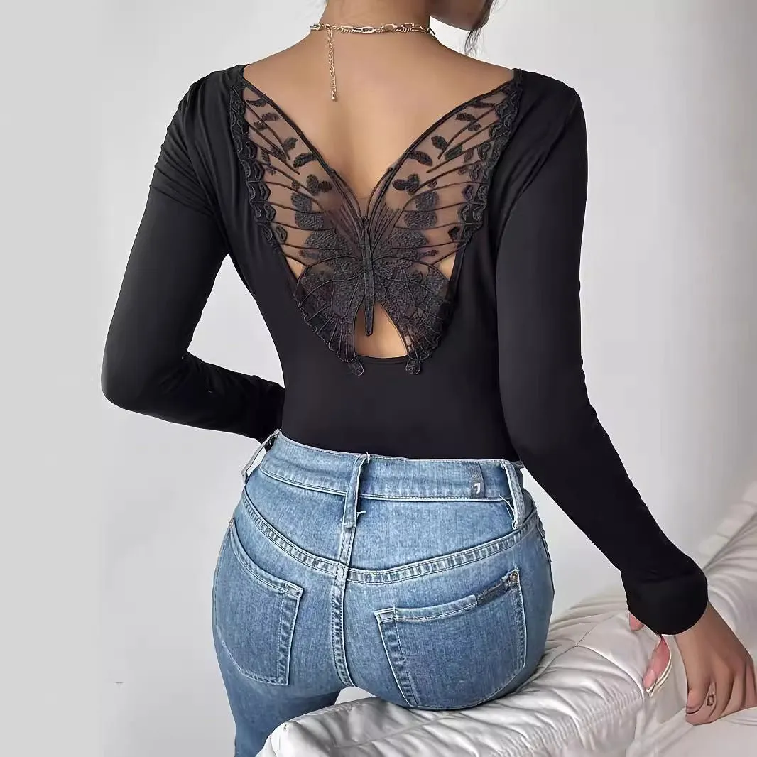 2025 new elegant back hollow sticker Hu Die lace long-sleeved solid color T-shirt slim top sold by Negative product image thumbnail 2
