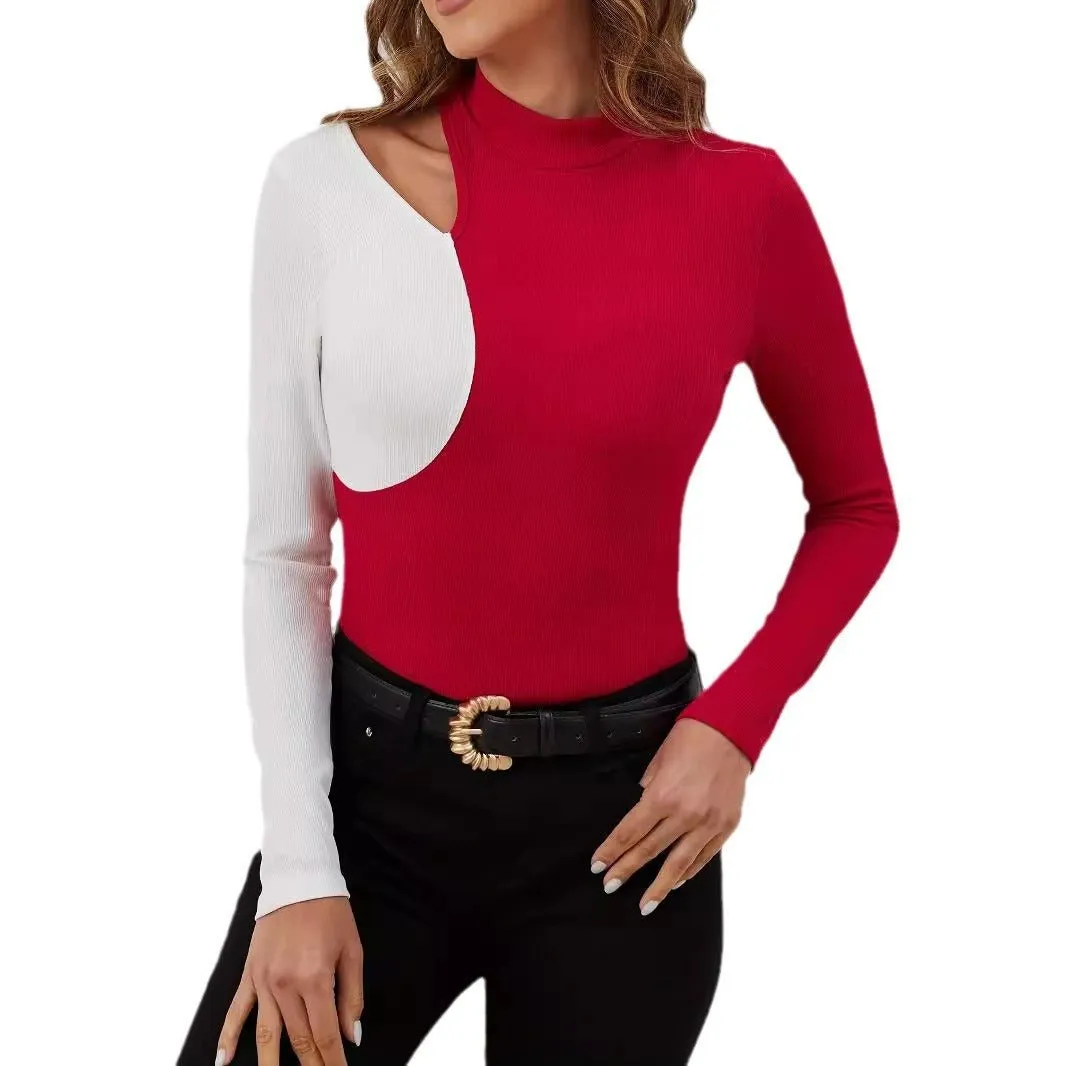 2025 spring elegant contrasting color splicing small stand-up collar new T-shirt slim and thin long-sleeved top women sold by Negative product image thumbnail 5