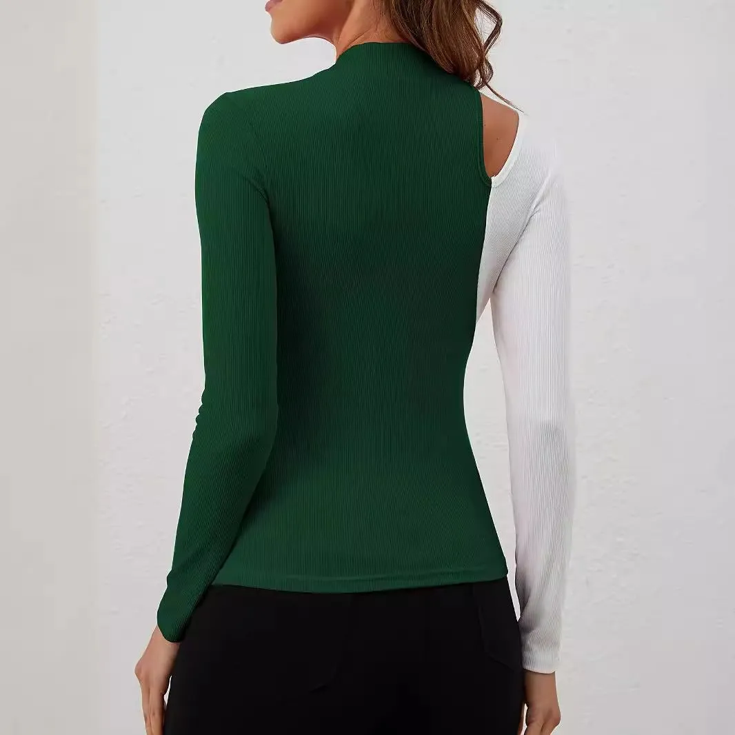 2025 spring elegant contrasting color splicing small stand-up collar new T-shirt slim and thin long-sleeved top women sold by Negative product image thumbnail 2