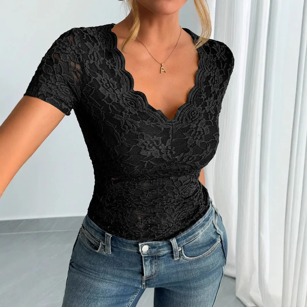 2025 spring and summer new women's solid color sexy lace V-neck short-sleeved lace bottoming shirt sold by Negative product image thumbnail 3