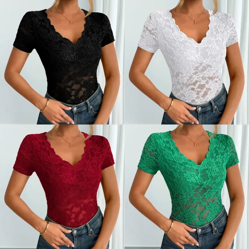 2025 spring and summer new women's solid color sexy lace V-neck short-sleeved lace bottoming shirt made by Negative