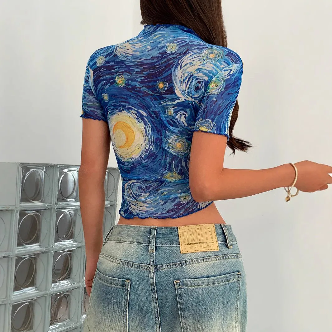 2025 summer new elegant women's blue printed short-sleeved semi-turtleneck starry sky mesh top women sold by Negative product image thumbnail 2