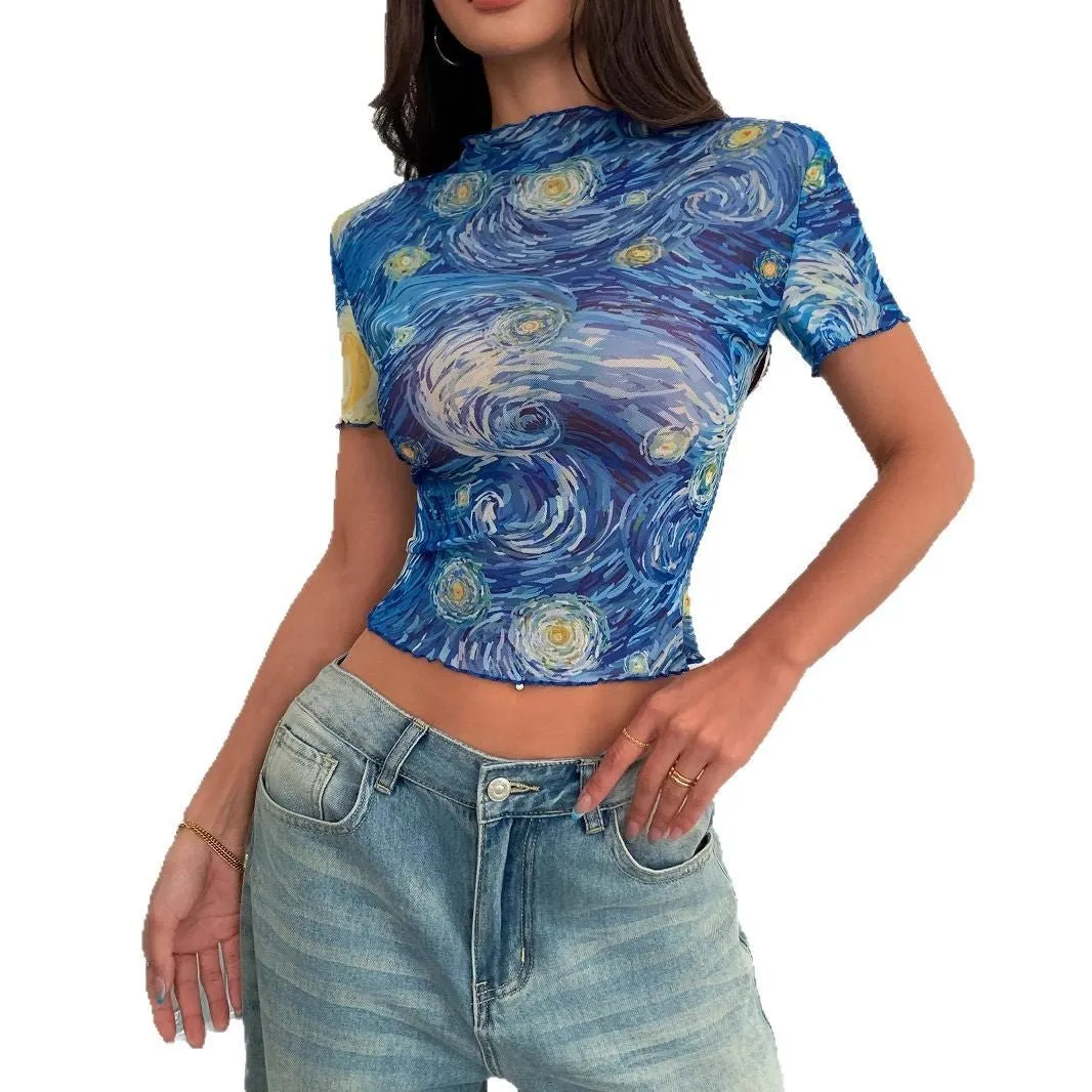 2025 summer new elegant women's blue printed short-sleeved semi-turtleneck starry sky mesh top women sold by Negative product image thumbnail 5