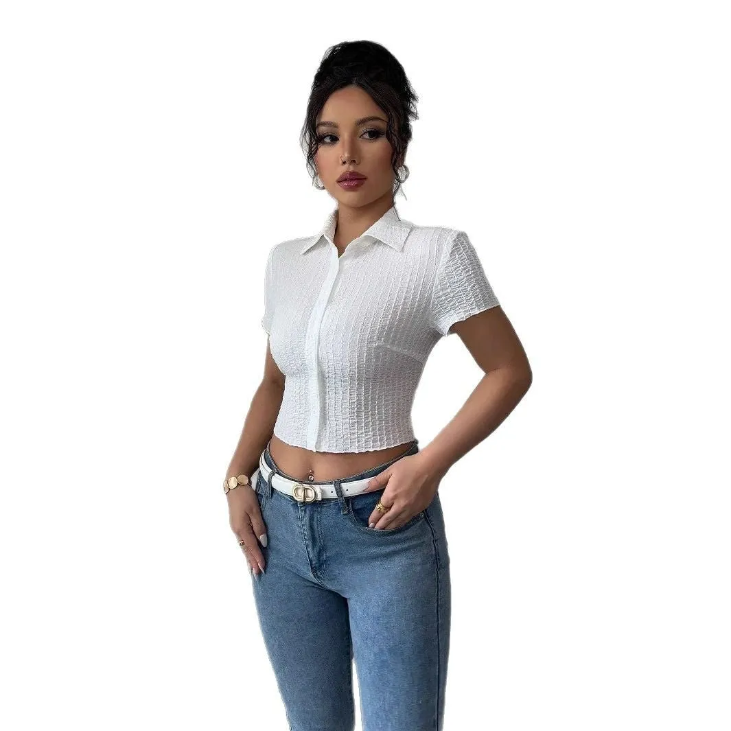 white short-sleeved shirt women's short 2025 summer new slim-fitting and thin waist design sold by Negative product image thumbnail 5