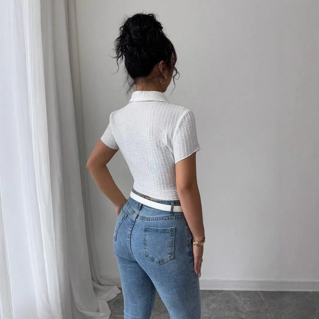 white short-sleeved shirt women's short 2025 summer new slim-fitting and thin waist design sold by Negative product image thumbnail 2