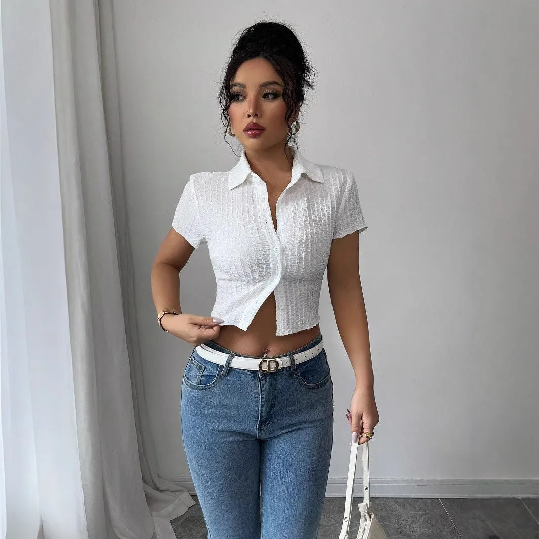 white short-sleeved shirt women's short 2025 summer new slim-fitting and thin waist design sold by Negative product image thumbnail 3