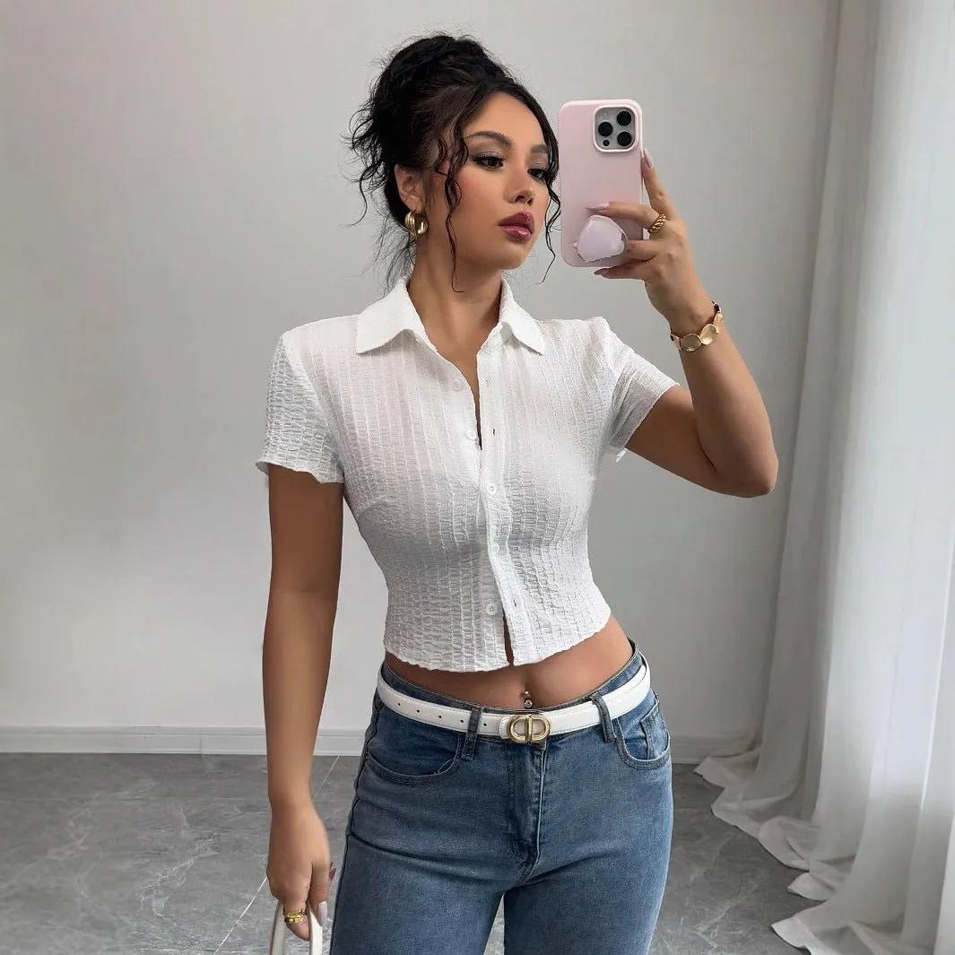 white short-sleeved shirt women's short 2025 summer new slim-fitting and thin waist design sold by Negative