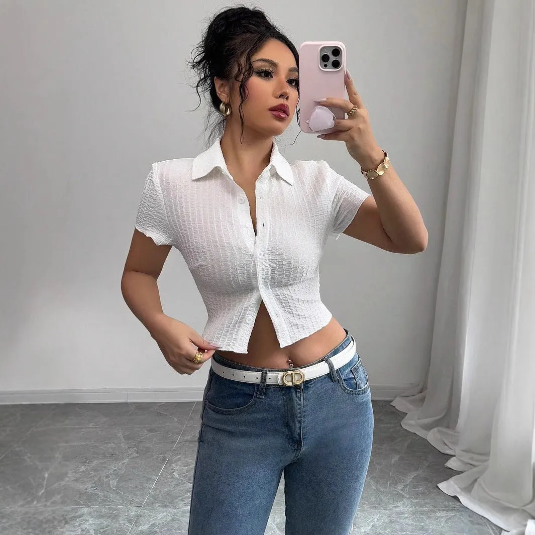 white short-sleeved shirt women's short 2025 summer new slim-fitting and thin waist design sold by Negative product image thumbnail 4