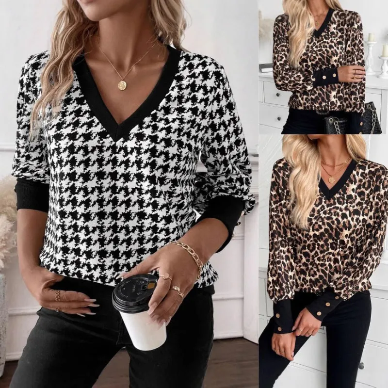 explosion spring 2025 elegant women's printing sweater V-neck long-sleeved T-shirt top women made by Negative