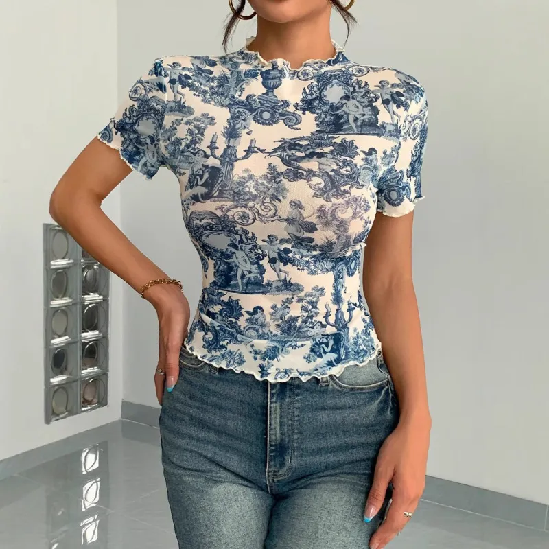 2025 new elegant mesh printing fungus edge short-sleeved T-shirt slim top women made by Negative