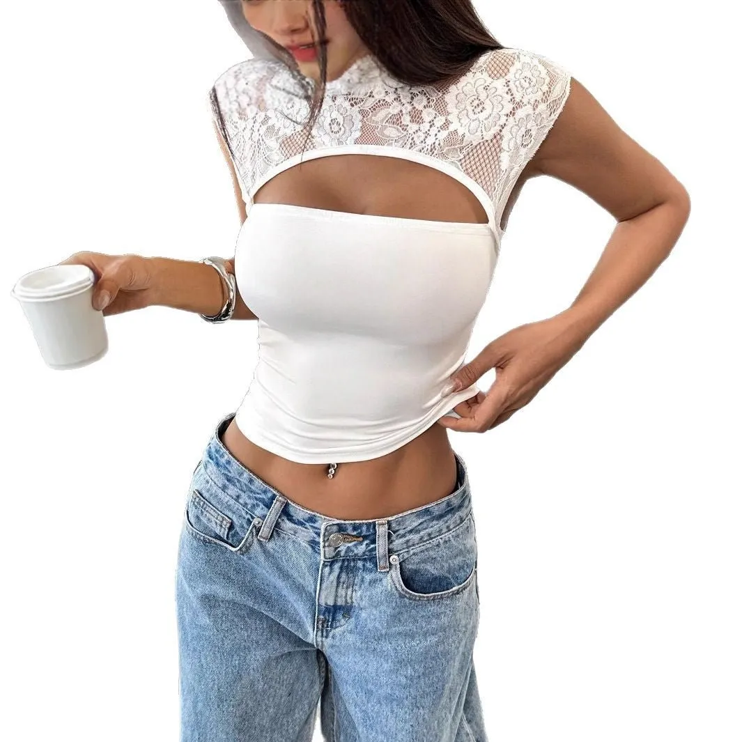 2025 spring and summer new pure desire sexy wind lace splicing slim hollow female Spice Girl short top sold by Negative product image thumbnail 5