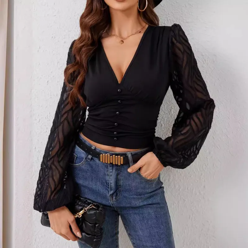 2025 new chiffon lantern sleeves splicing pleated waist V-neck long-sleeved T-shirt slim top women made by Negative