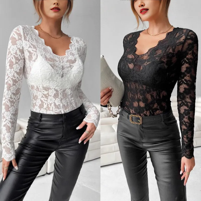 2025 elegant V-neck scalloped collar edge single-layer solid color lace long-sleeved T-shirt slim-fitting and thin top women made by Negative