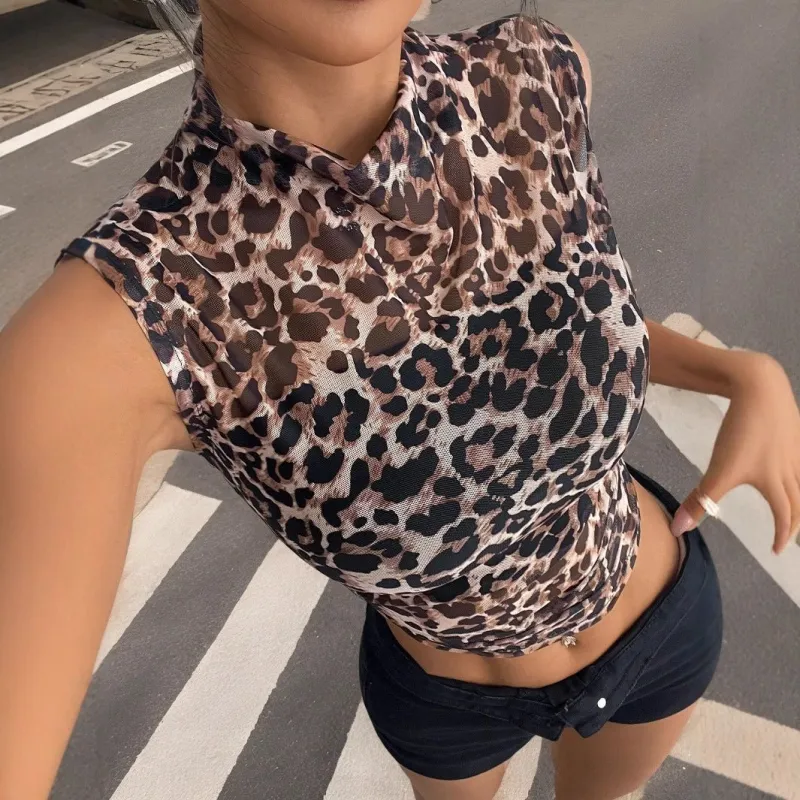 2025 summer new women's clothing top slim and thin sleeveless leopard print stand-up collar sexy women's T-shirt sold by Negative