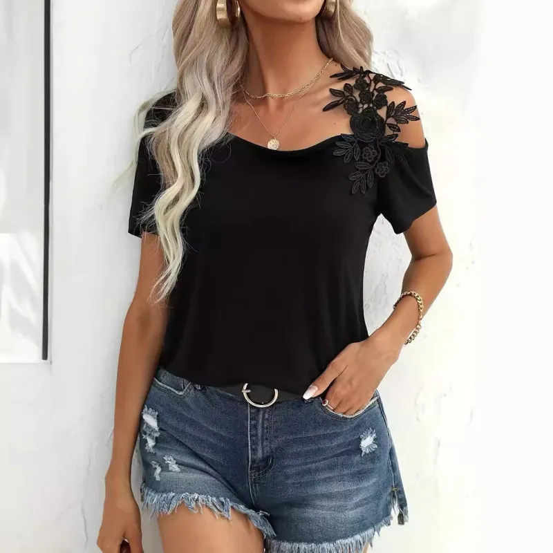 2025 summer new solid color stitching fashion lace T-shirt women's tops made by Negative
