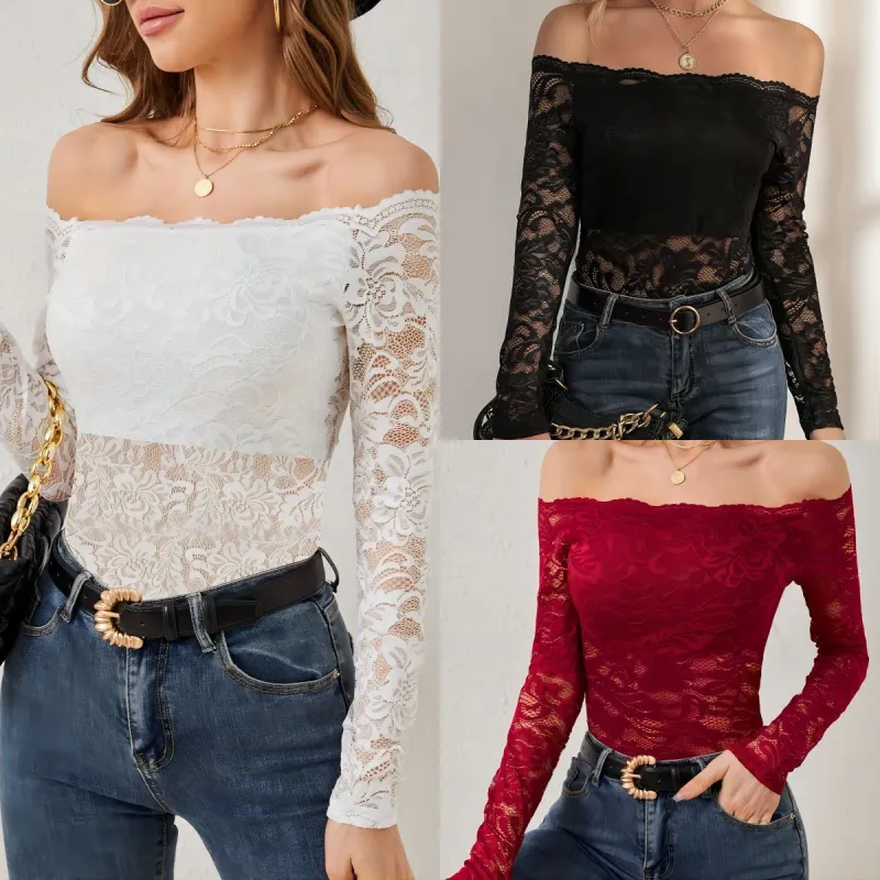 2025 elegant fan-shaped collar edge one-shoulder lace slim fit T-shirt long-sleeved top made by Negative
