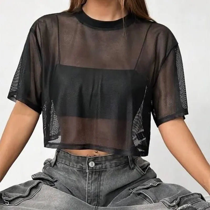 Black mesh short top short sleeve design loose outer blouse made by Negative