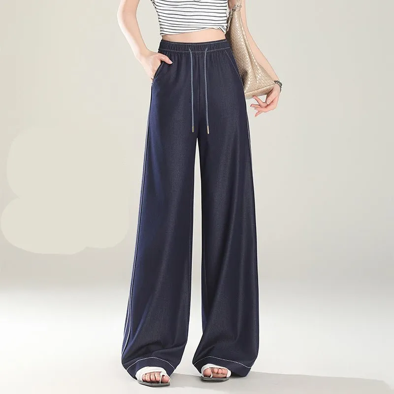 High waist and thin denim blue denim wide-leg pants women's 2025 spring and summer new drape floor trousers commuting and leisure sold by Negative