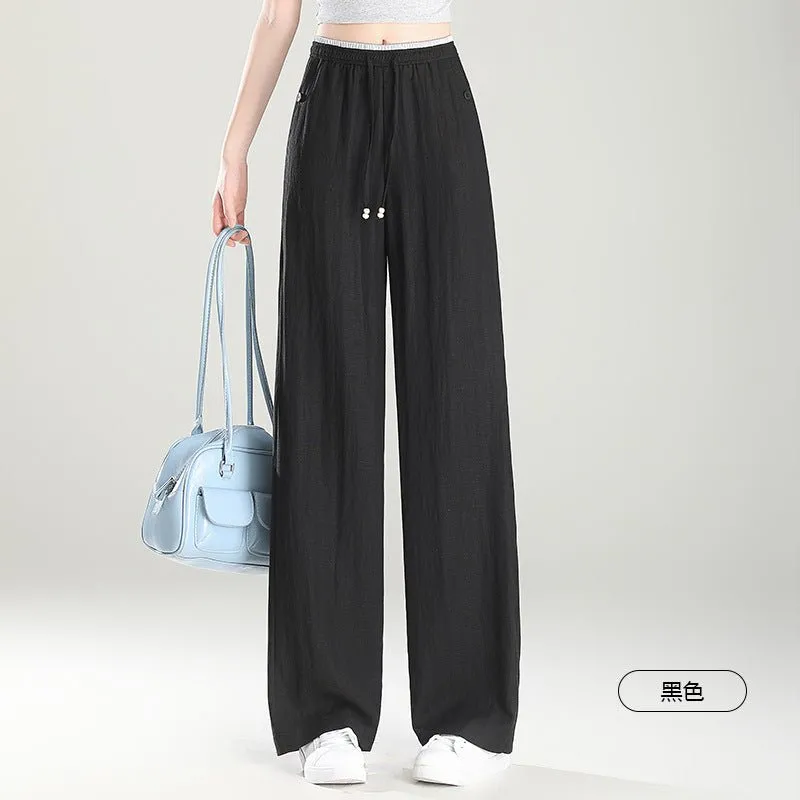 Lyocell linen wide-leg pants women's 2025 spring and summer drape and thin casual pants women's high-waisted drawstring linen pants sold by Negative