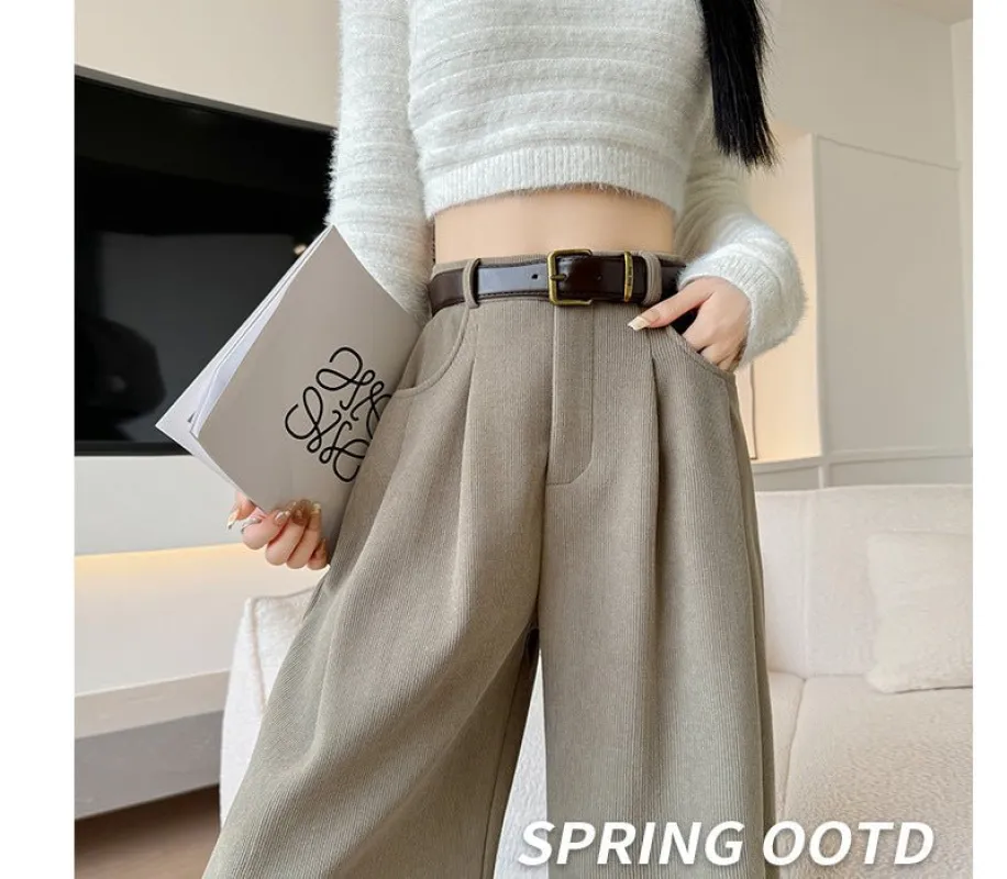 Khaki corduroy pants women's spring and autumn new loose lazy style suit pants drape and thin high-end wide-leg pants made by Negative