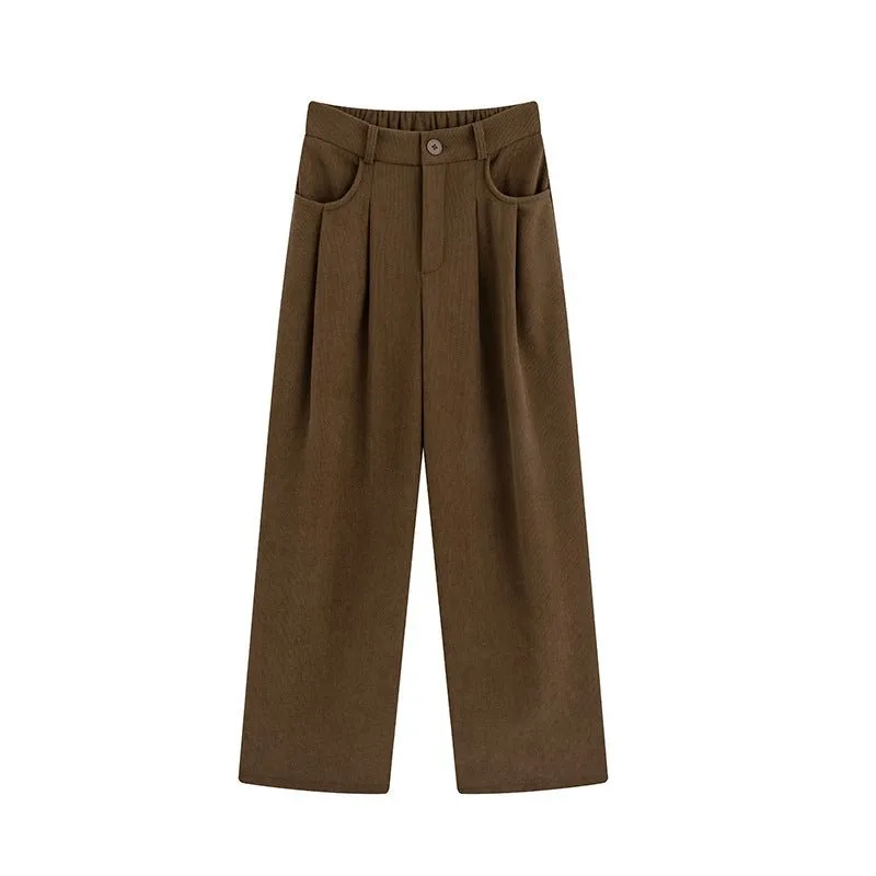 Khaki corduroy pants women's spring and autumn new loose lazy style suit pants drape and thin high-end wide-leg pants sold by Negative product image thumbnail 5