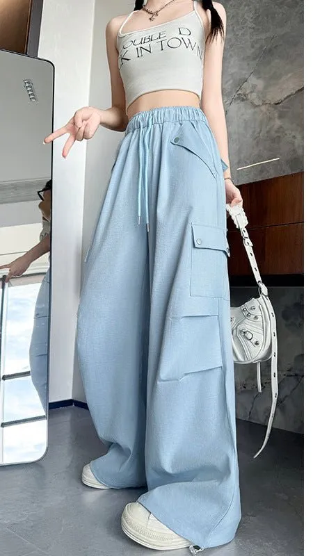 Blue American overalls women's spring, autumn and summer thin 2025 new straight paratrooper wide-leg pants small sweatpants made by Negative