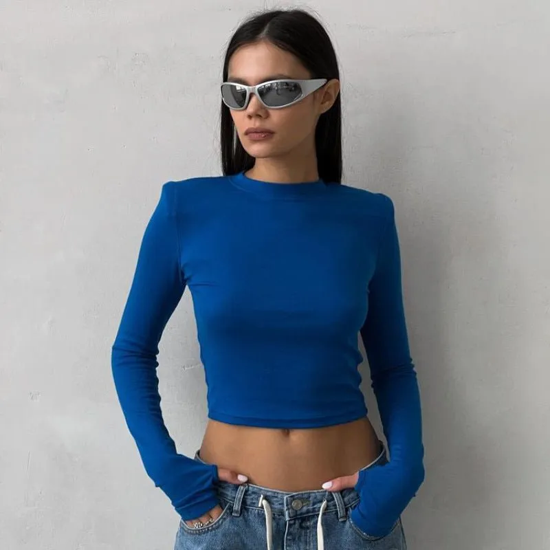 Shoulder pads women's casual long-sleeved t-shirt sold by Negative