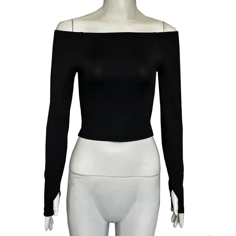 Basic simple solid color one-word collar off-the-shoulder bottoming T-shirt sold by Negative product image thumbnail 5