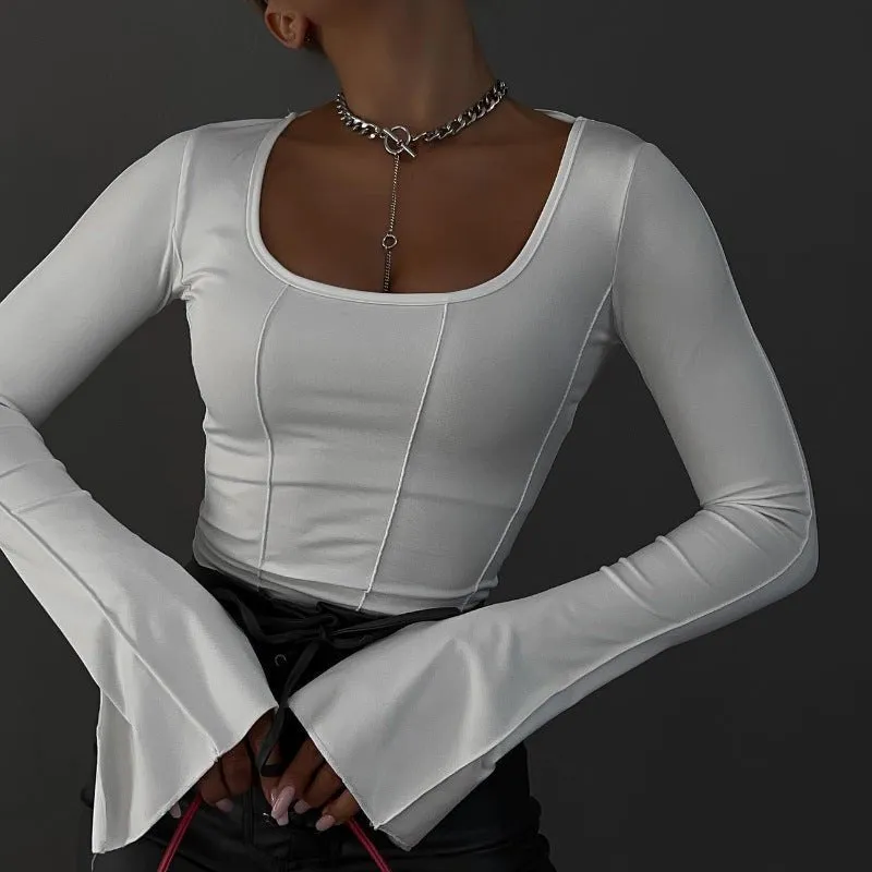 Square neck pullover slim long-sleeved knitted top sold by Negative