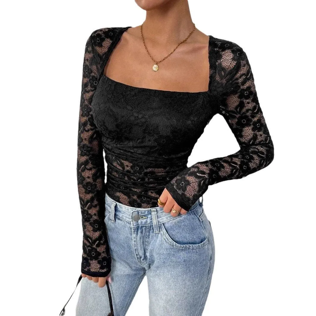 Women's lace floral square neck pleated design long-sleeved T-shirt sold by Negative product image thumbnail 5