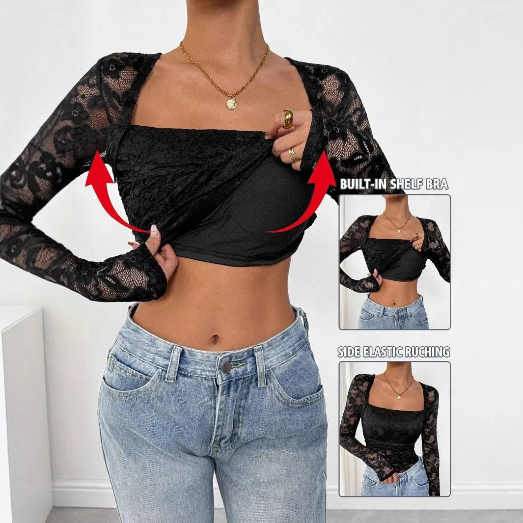 Women's lace floral square neck pleated design long-sleeved T-shirt sold by Negative product image thumbnail 3