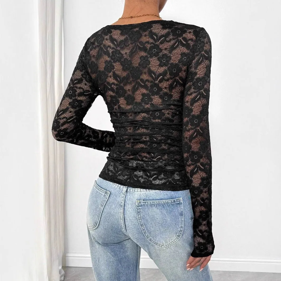 Women's lace floral square neck pleated design long-sleeved T-shirt sold by Negative product image thumbnail 2