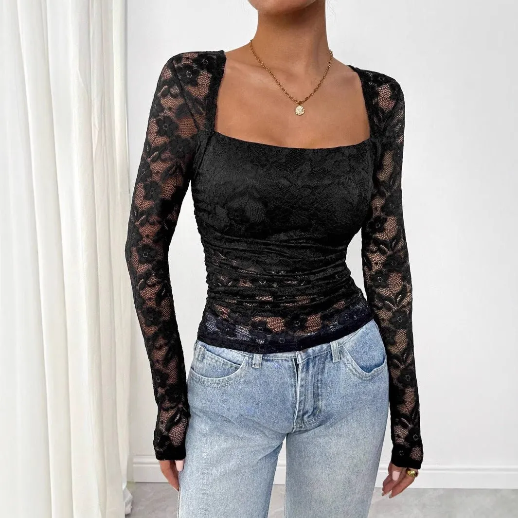 Women's lace floral square neck pleated design long-sleeved T-shirt sold by Negative product image thumbnail 4
