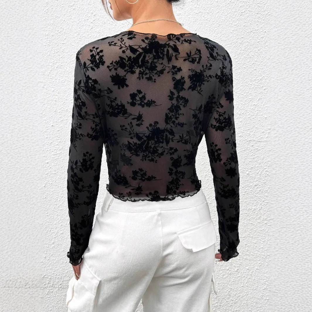 Women's Black Sexy Mesh Crew Neck Long Sleeve T-Shirt Top sold by Negative product image thumbnail 4