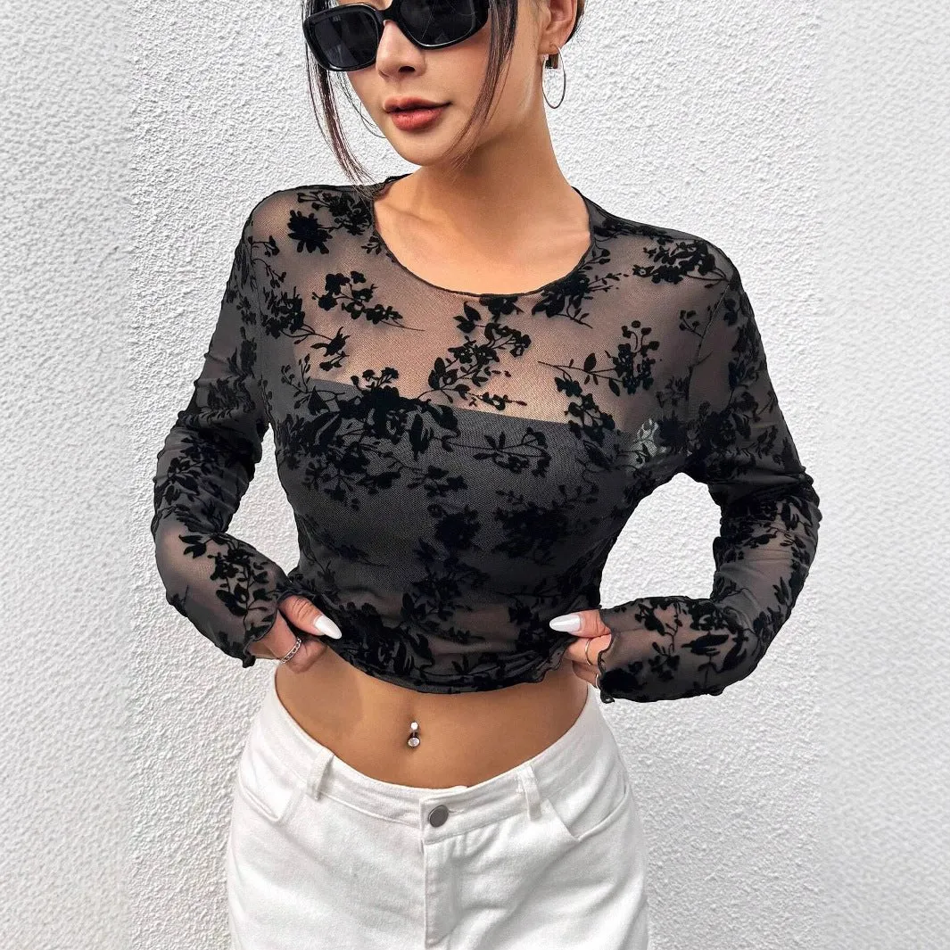 Women's Black Sexy Mesh Crew Neck Long Sleeve T-Shirt Top sold by Negative product image thumbnail 3