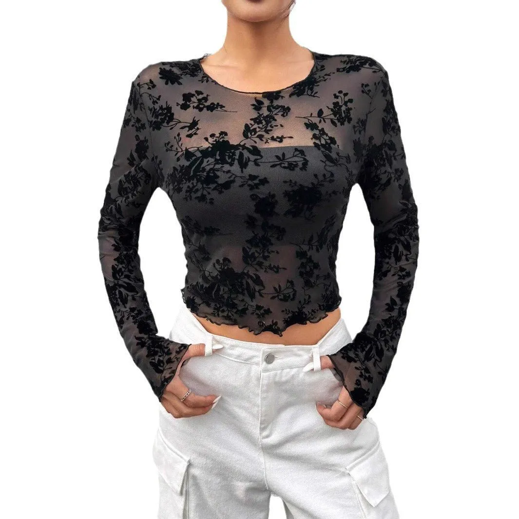 Women's Black Sexy Mesh Crew Neck Long Sleeve T-Shirt Top sold by Negative product image thumbnail 5