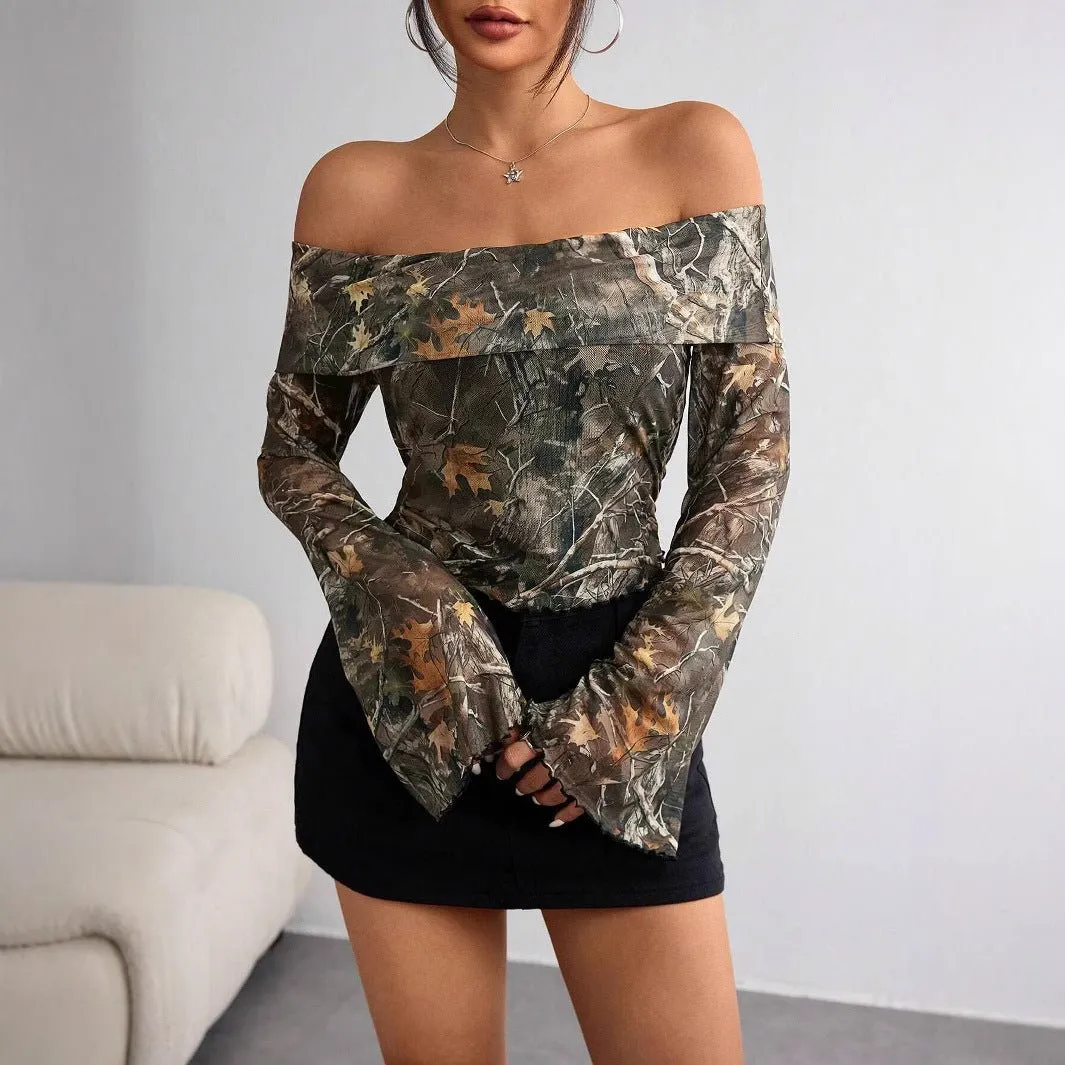 Women's mesh printing one-word collar off-shoulder long-sleeved slim-fitting T-shirt sold by Negative