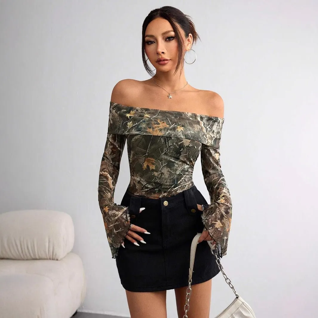 Women's mesh printing one-word collar off-shoulder long-sleeved slim-fitting T-shirt sold by Negative product image thumbnail 4