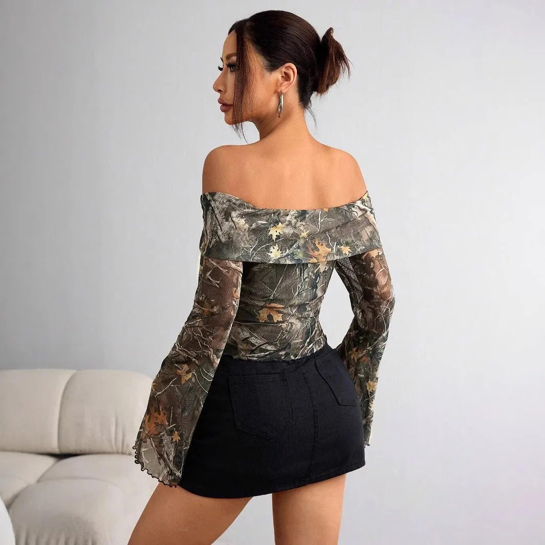 Women's mesh printing one-word collar off-shoulder long-sleeved slim-fitting T-shirt sold by Negative product image thumbnail 2
