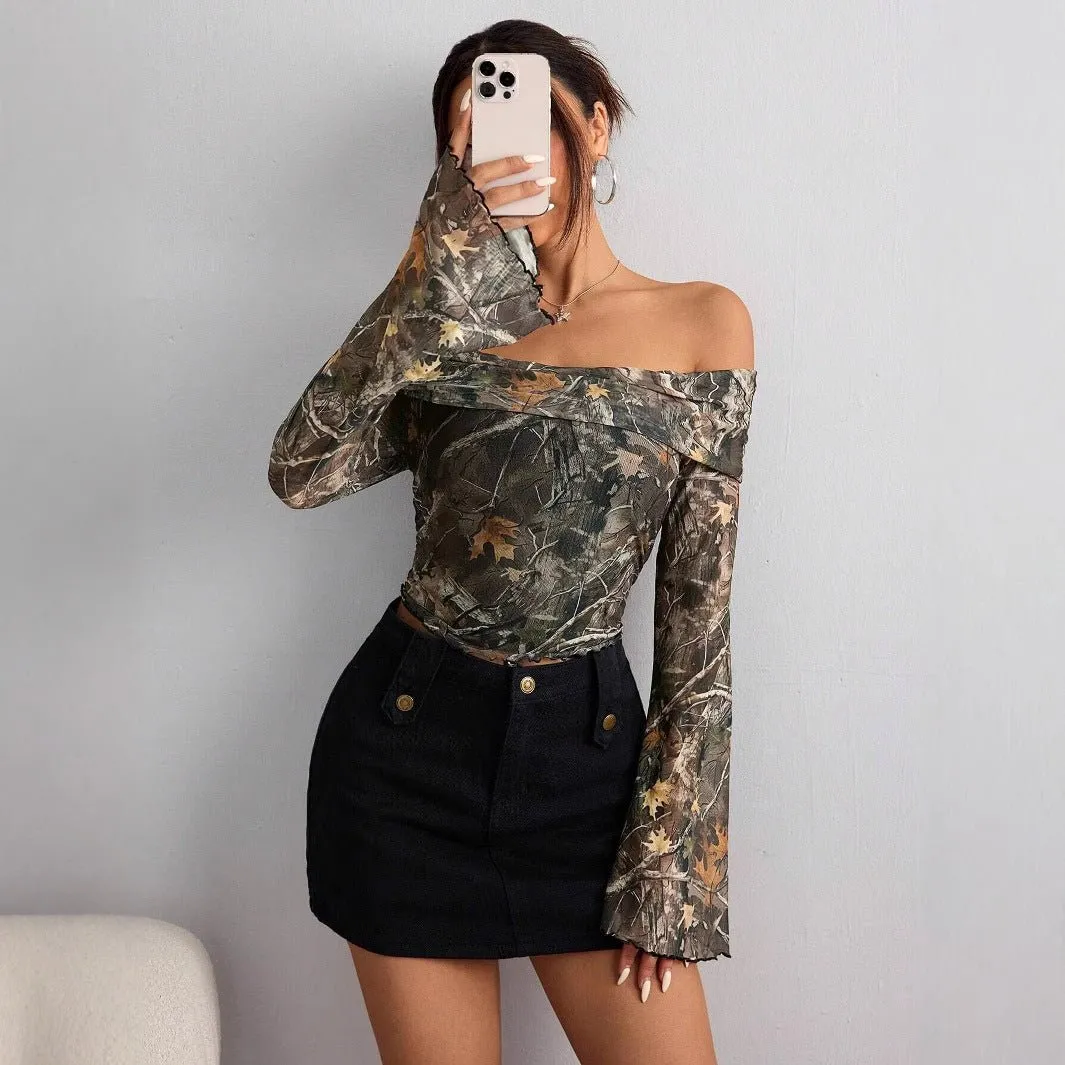 Women's mesh printing one-word collar off-shoulder long-sleeved slim-fitting T-shirt sold by Negative product image thumbnail 3