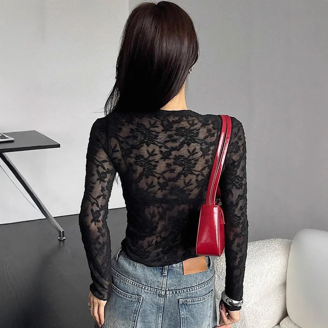 Women's small stand-up collar transparent lace tight long-sleeved T-shirt sold by Negative product image thumbnail 3