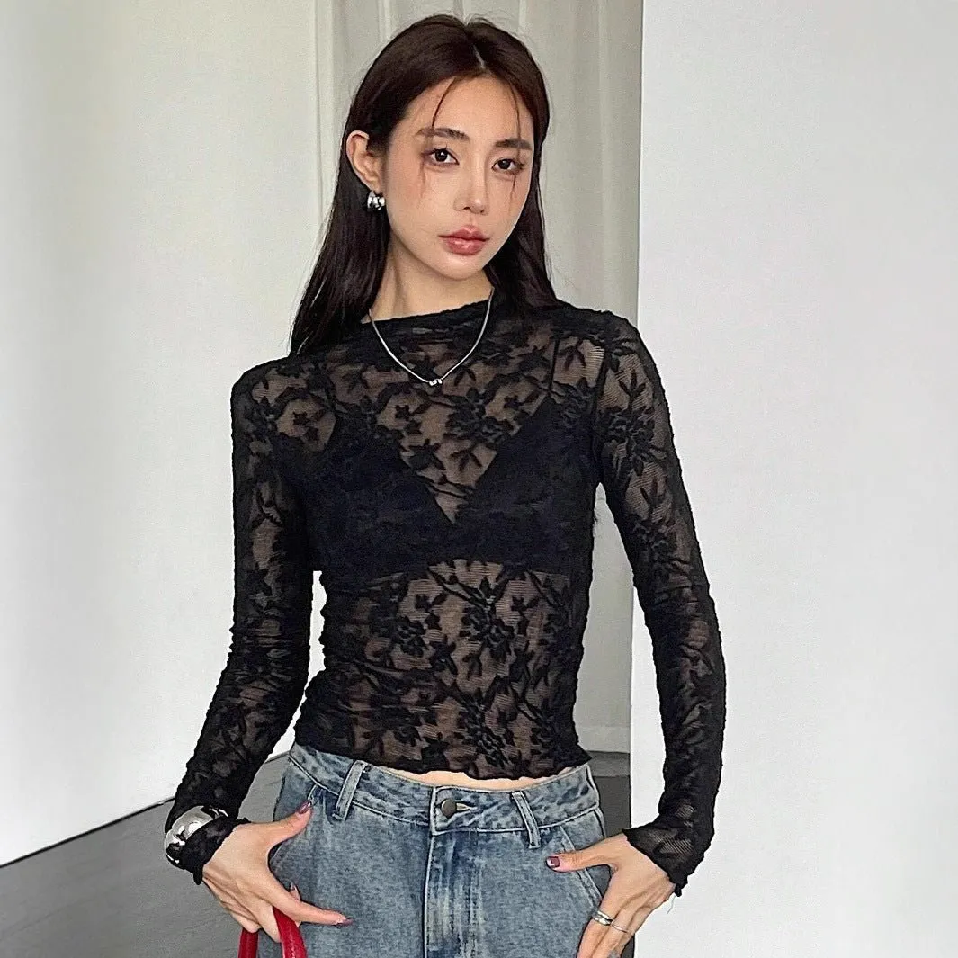 Women's small stand-up collar transparent lace tight long-sleeved T-shirt sold by Negative product image thumbnail 4