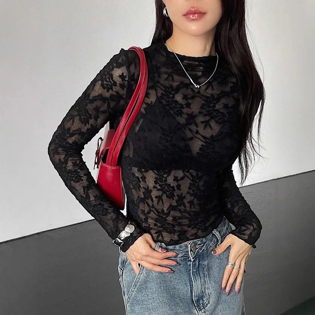 Women's small stand-up collar transparent lace tight long-sleeved T-shirt sold by Negative product image thumbnail 2